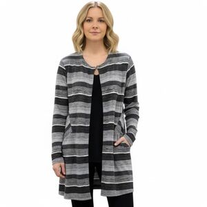 SYMPLI Sugarcoat Wavy Stripe Open Front Cardigan Duster Gray Black White Size 8
